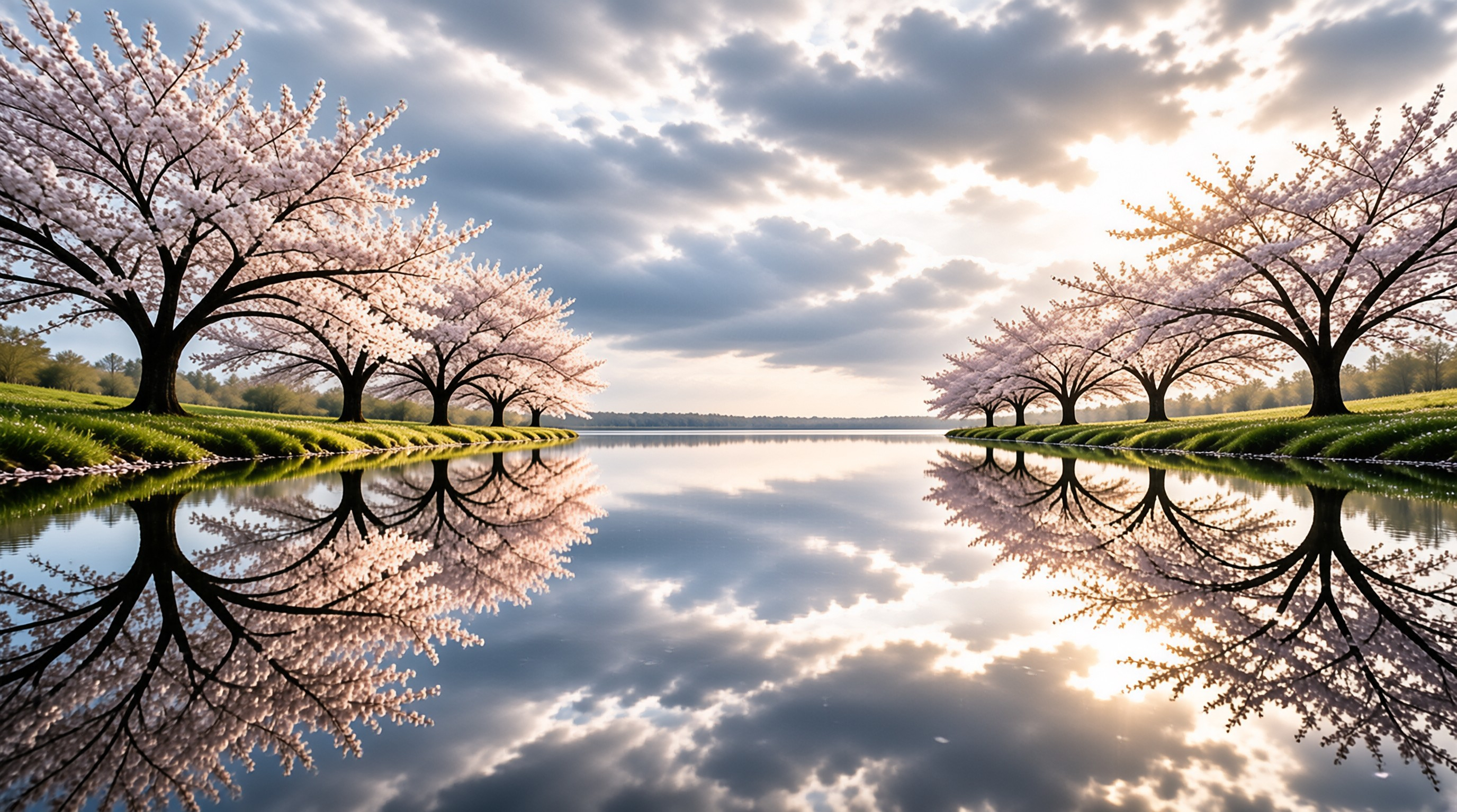 Rows of blooming cherry trees line a calm canal with perfect reflections under a cloudy sky.