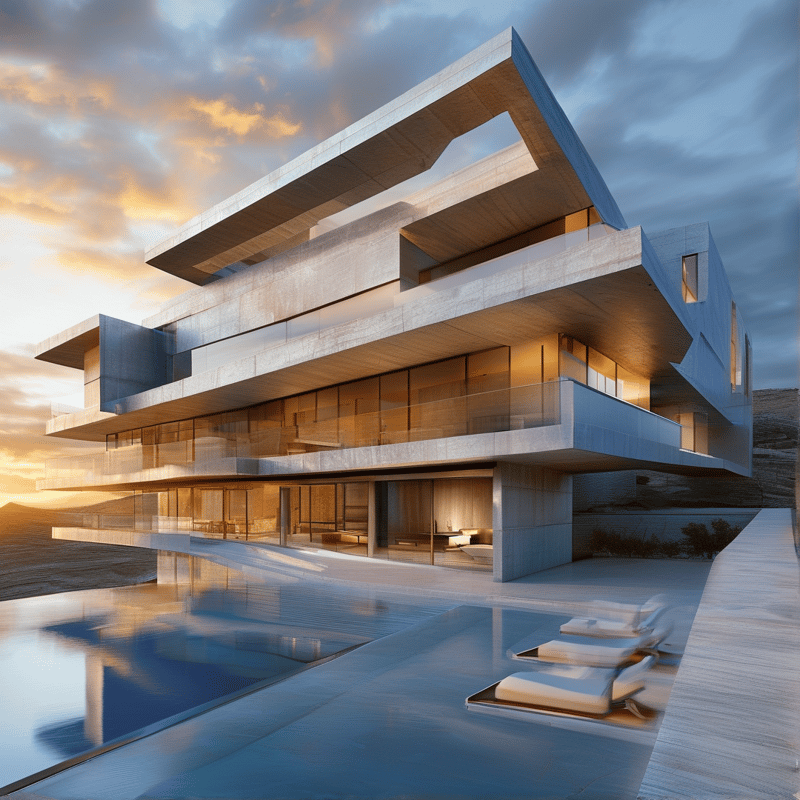 A contemporary residence features stacked concrete levels and a swimming pool under a dramatic sunset sky.
