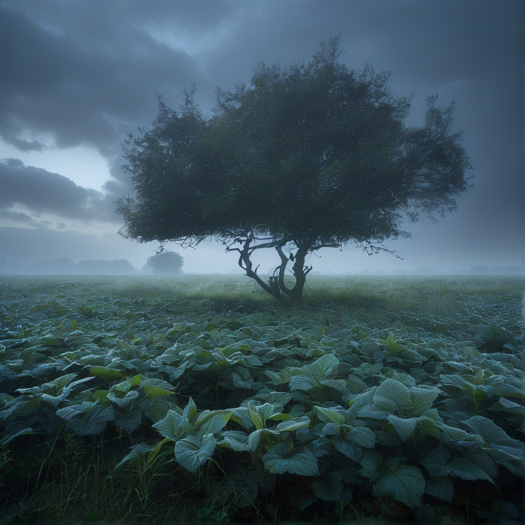 Lone Tree in Misty Field