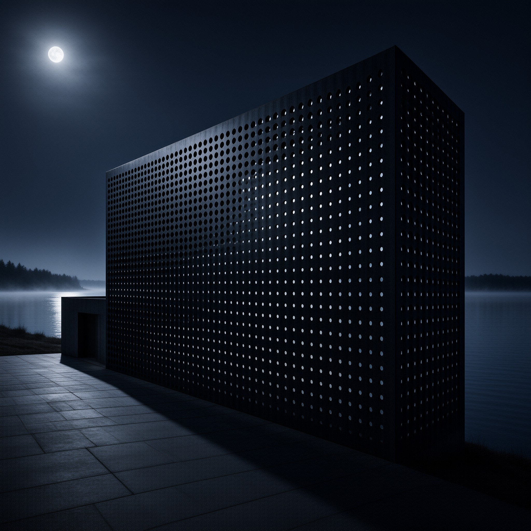 A dark perforated building stands on a paved terrace beside a misty lake under a bright full moon at night.