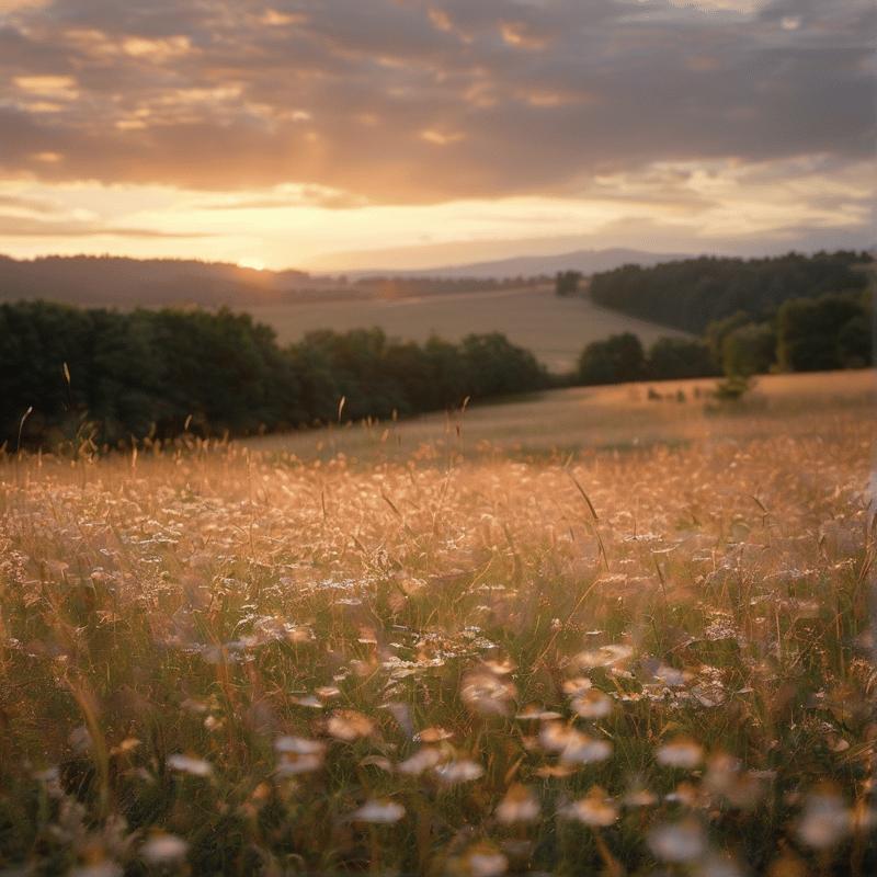 Small white wildflowers blur in the foreground of a golden meadow as the sun drops behind far wooded hills