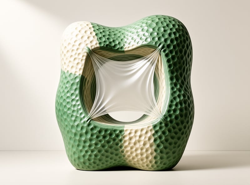 A dimpled green and cream torus sculpture has a smooth translucent membrane across its hollow center on a beige background.