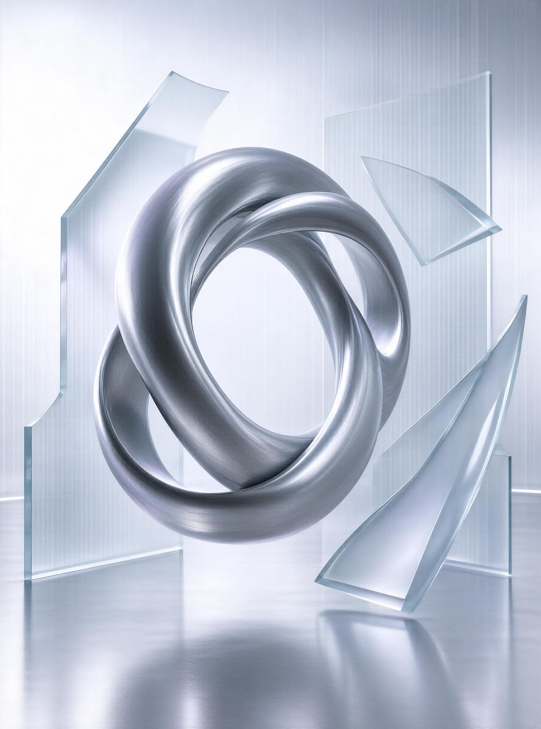 Metallic Knot Sculpture with Glass Panels