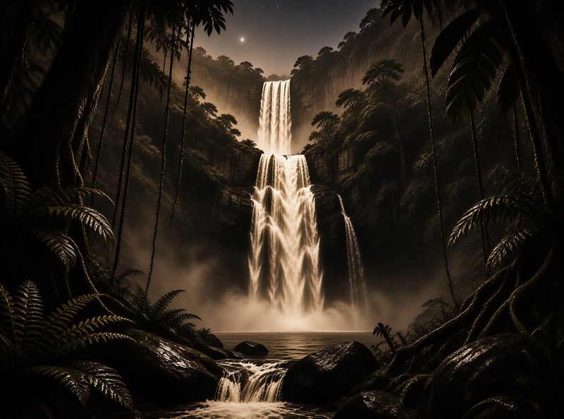 Jungle Waterfall at Night