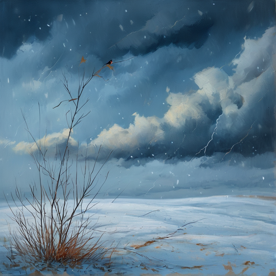 A small dark bird perches on a thin dry twig rising from frozen ground under heavy swirling storm clouds amid falling snow.