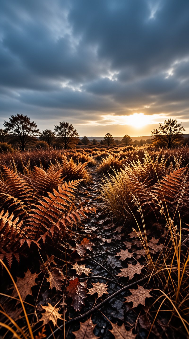 Brown ferns and fallen leaves surround a muddy path leading toward a bright sunset breaking through heavy clouds.