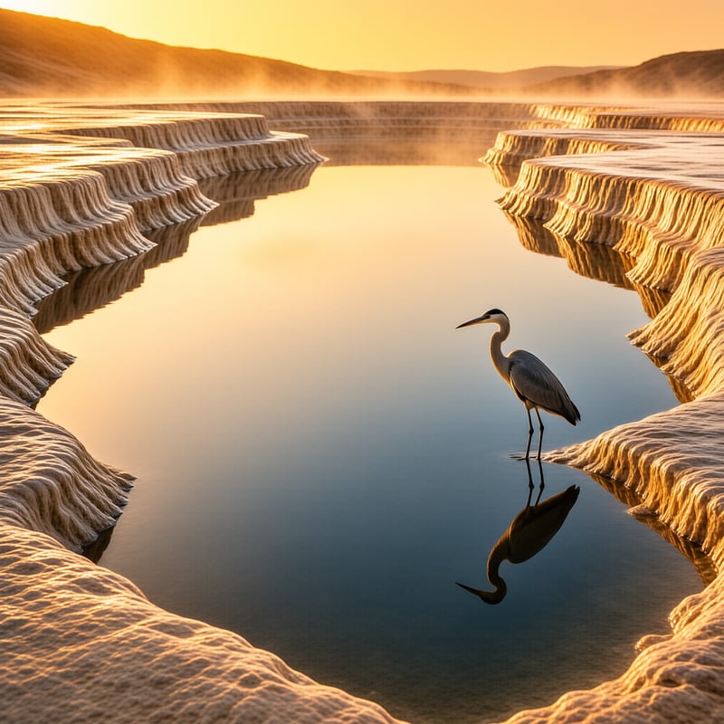 A grey heron stands in the calm water of stepped terraces during a golden sunset with clear reflections.