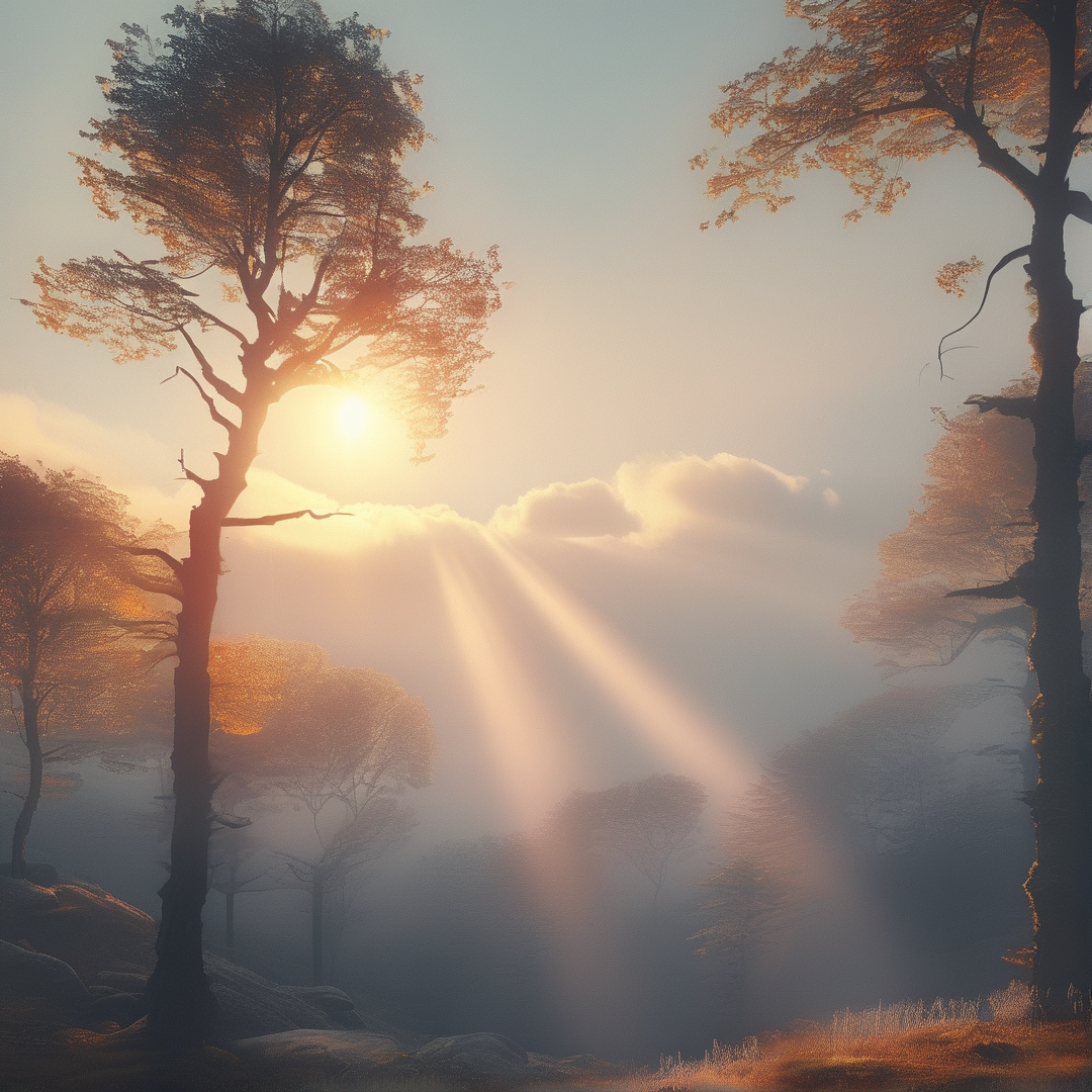 Sunbeams Through Misty Trees