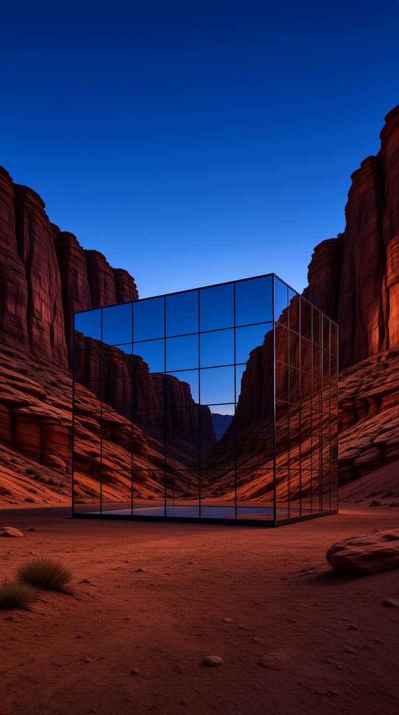 A transparent glass cube reflects the towering red rock walls of a canyon beneath a deep blue twilight sky.