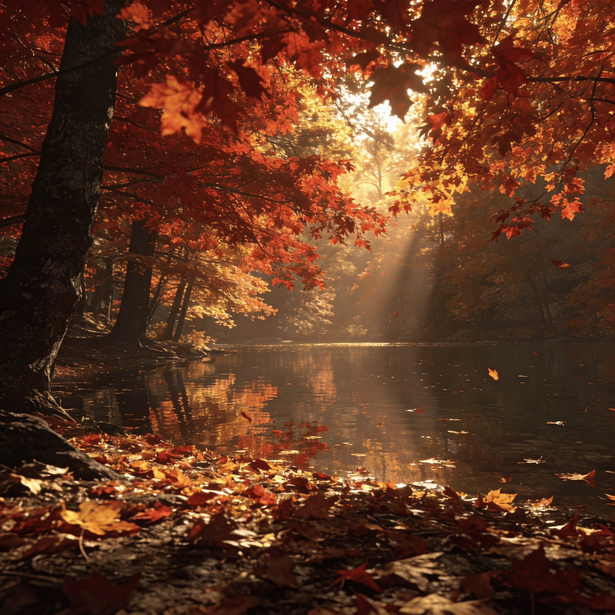 Red Maple Canopy Over a Calm Lake