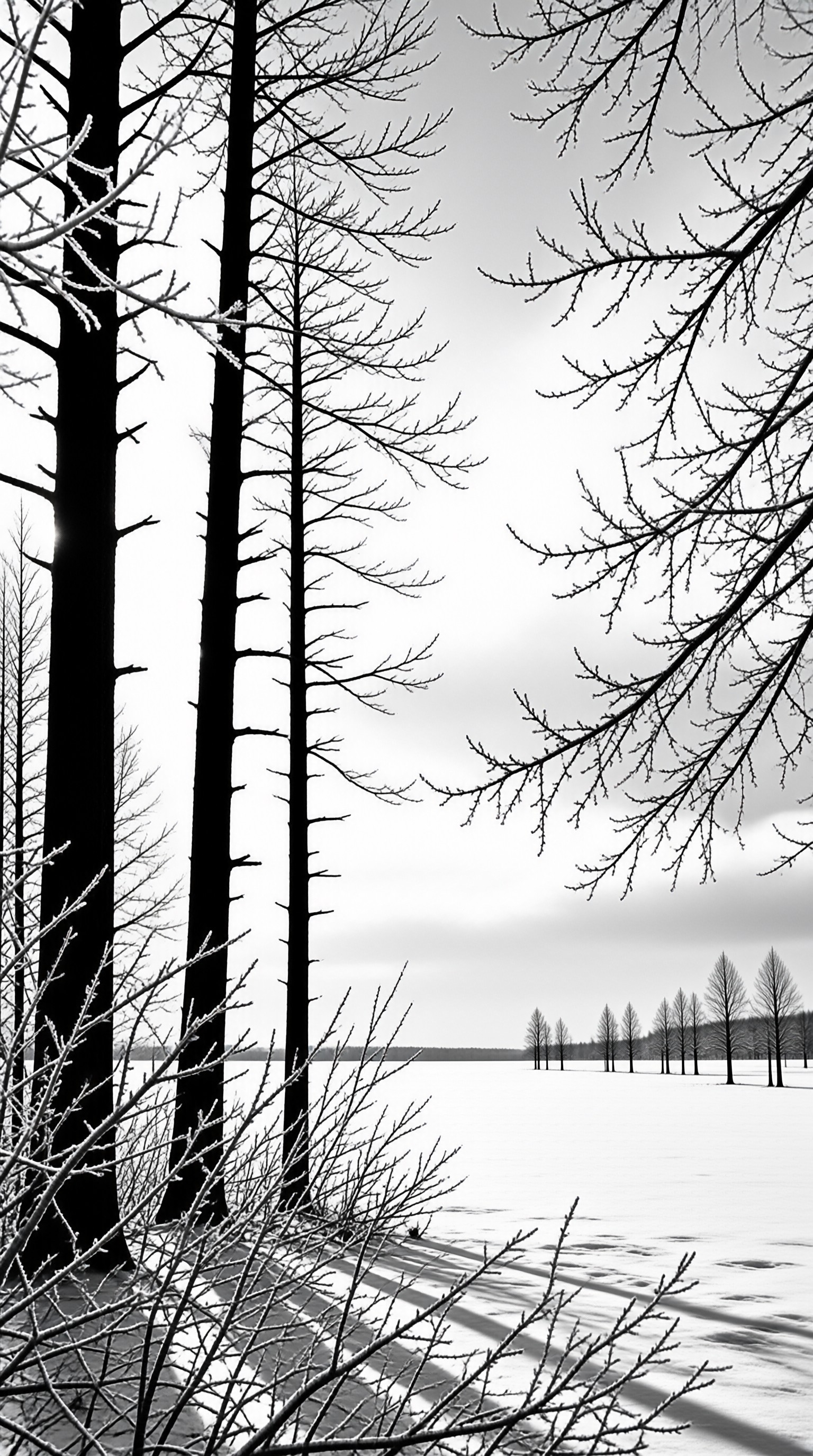 Trees Along Snowy Frozen Lake In Winter