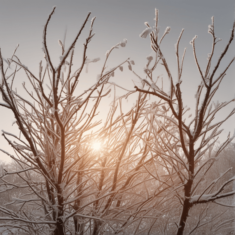 Bare winter branches are dusted with white frost while bright sunlight shines through the gaps in the wood.