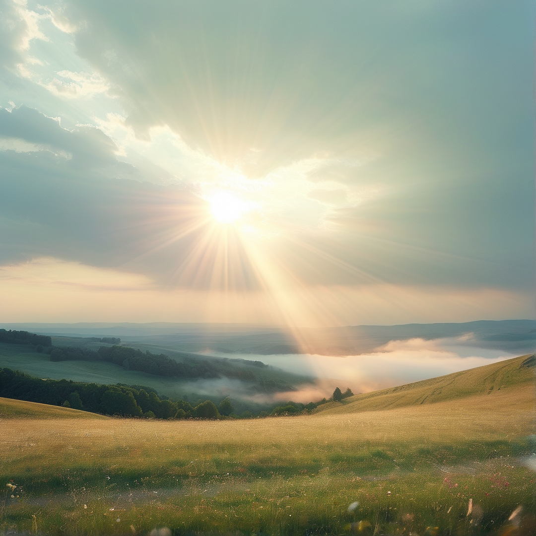 Sunburst over misty valley