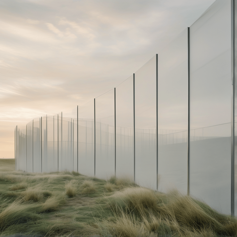 Tall transparent architectural panels line a grassy horizon under a soft cloudy sky.