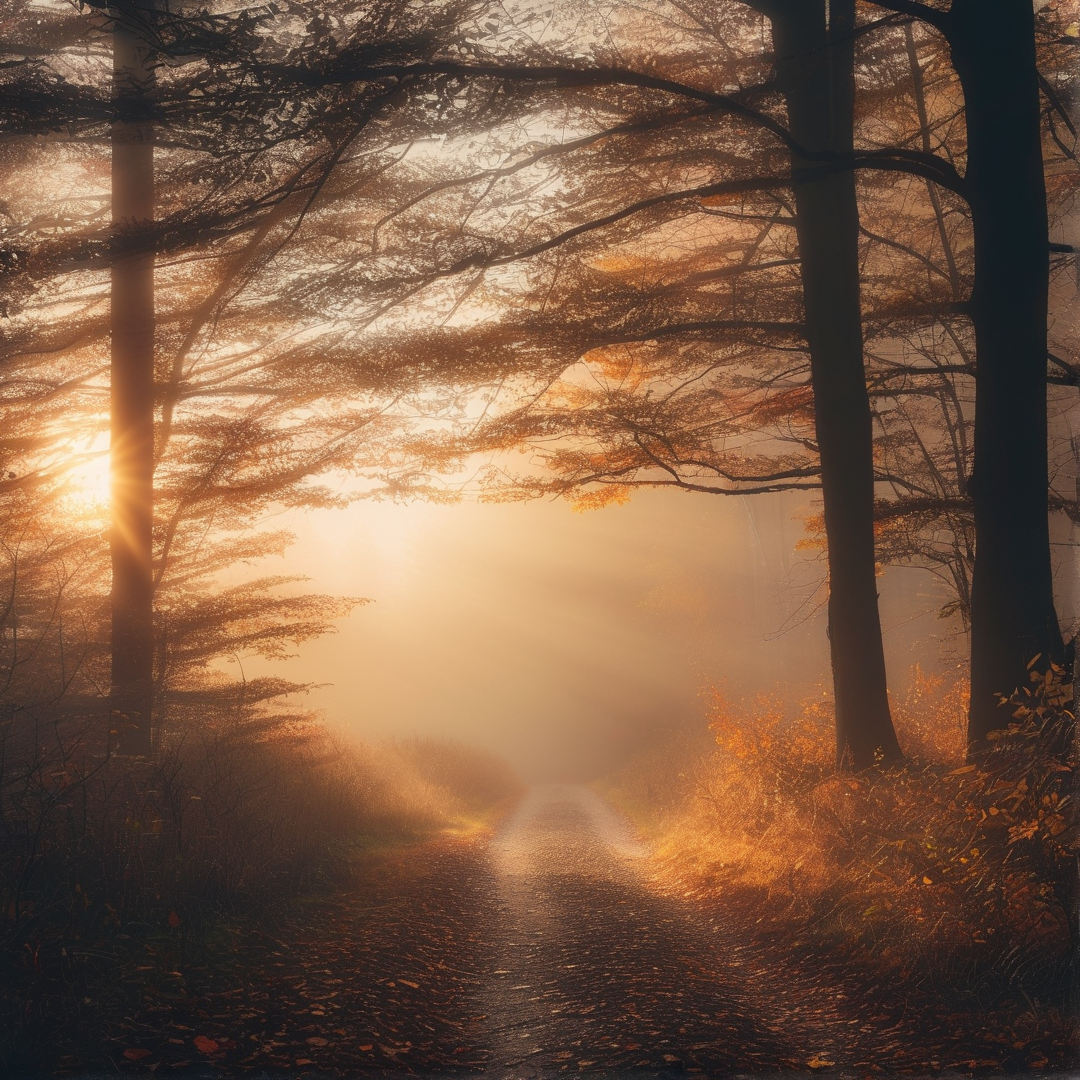 Misty Forest Path at Sunrise
