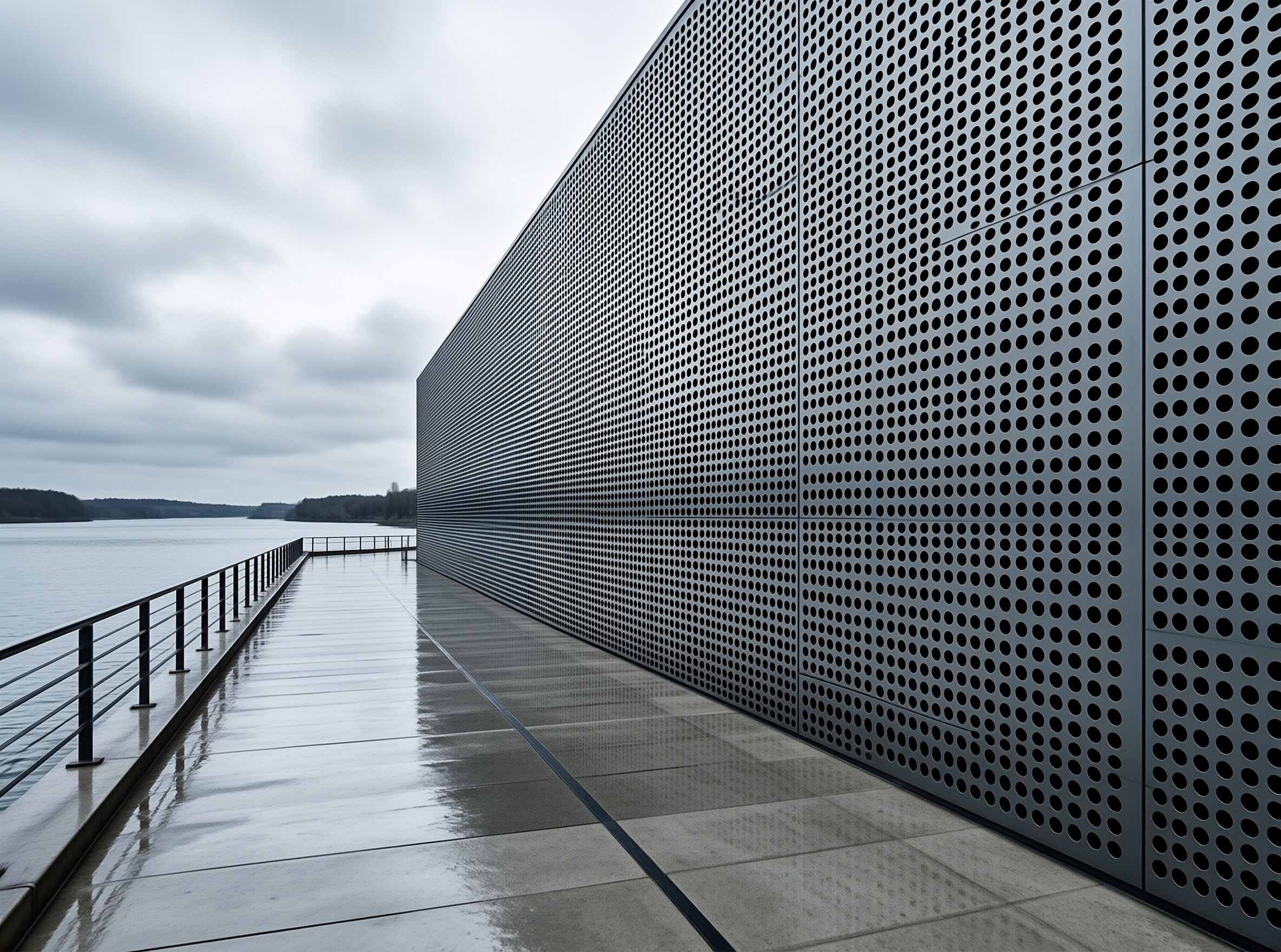 A long perforated metal screen stands next to a wet concrete path reflecting the cloudy sky and water.