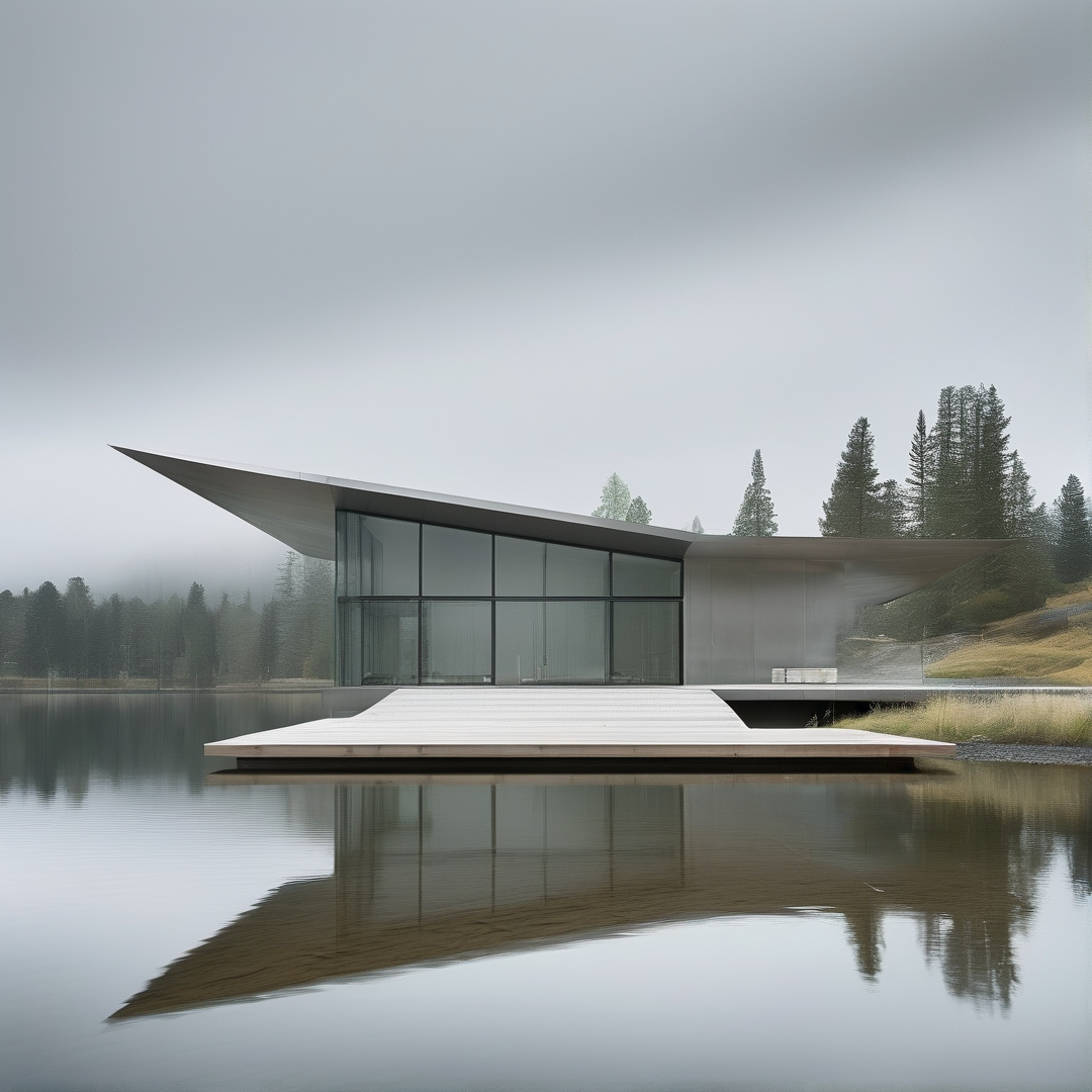 An angular glass and concrete house extends over a calm grey lake, backed by fog covered tall pine trees under overcast sky.