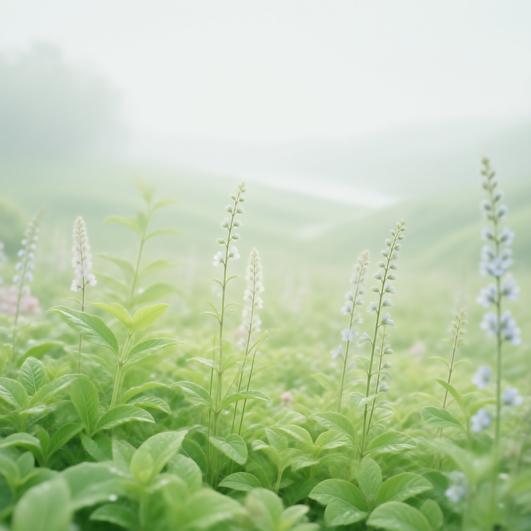 Misty Green Field with Flowers