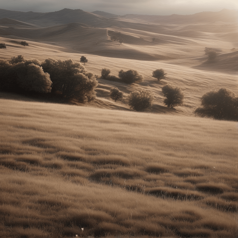 A wide view of rolling hills covered in dry tan grass with a few trees scattered across the slope under warm sunlight.