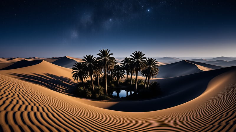 A cluster of palm trees surrounds a still pool in rippled sand dunes beneath a deep star filled night sky.