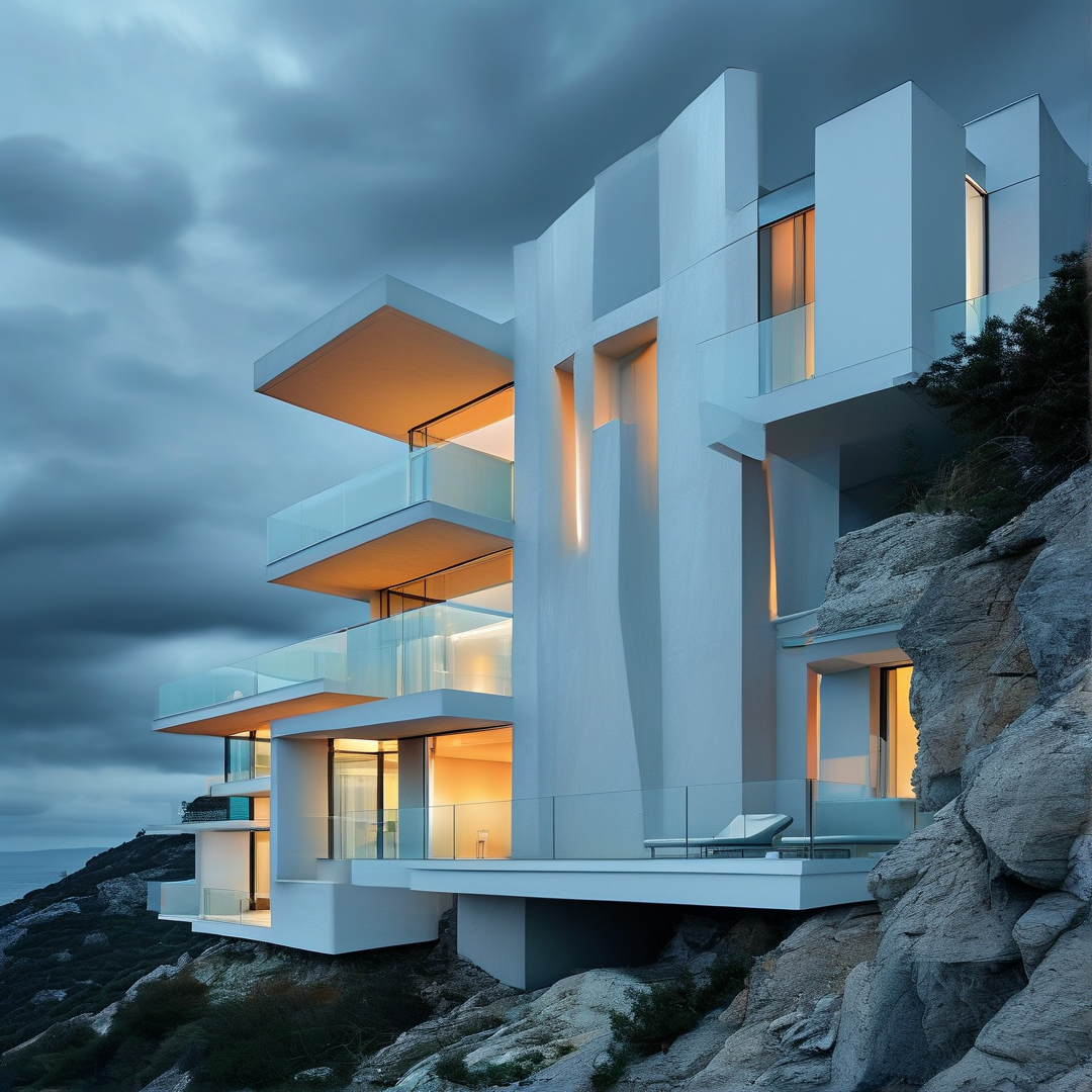 A modern white structure sits on rugged terrain with glass balconies glowing softly against a cloudy evening sky.