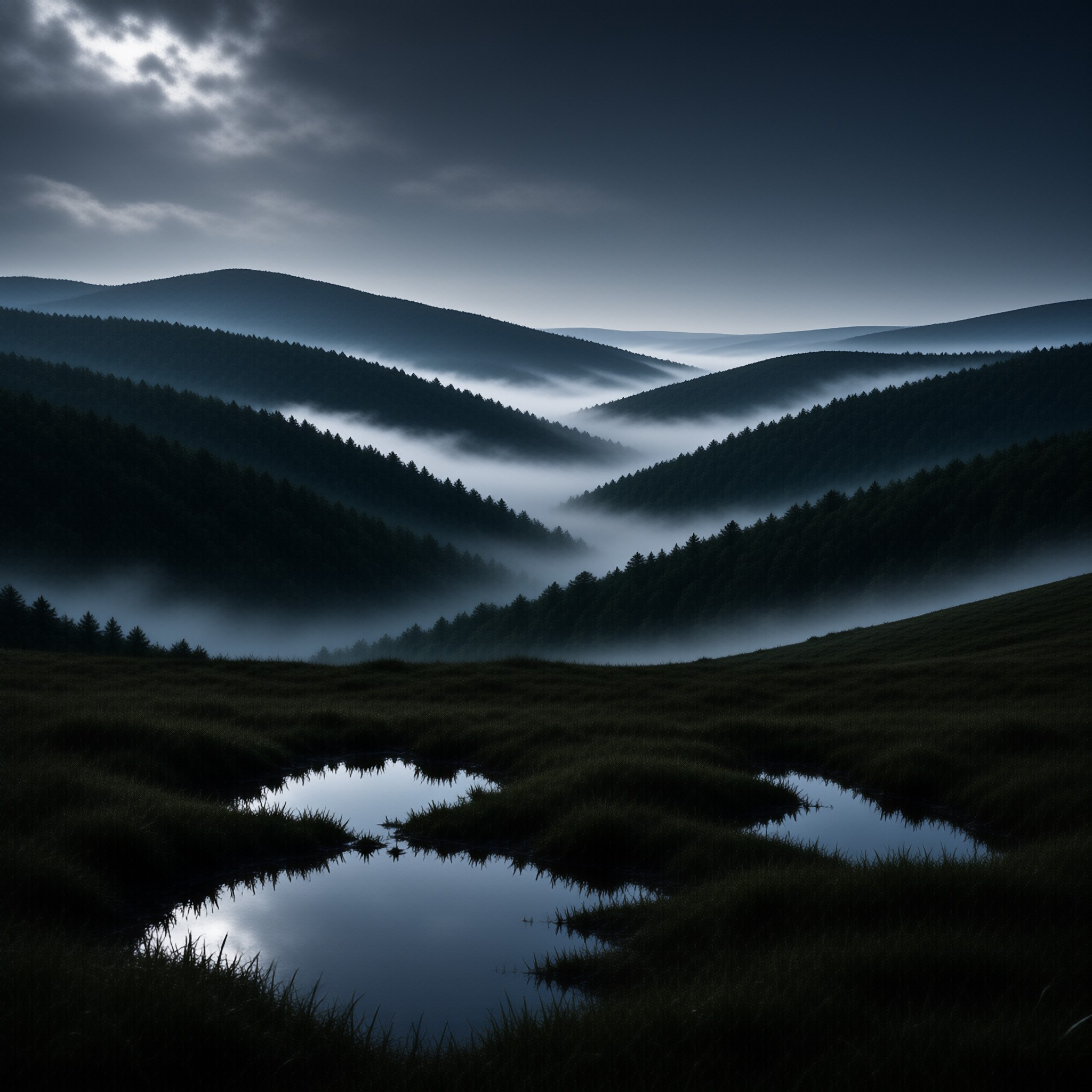 Moonlit Misty Hills Landscape