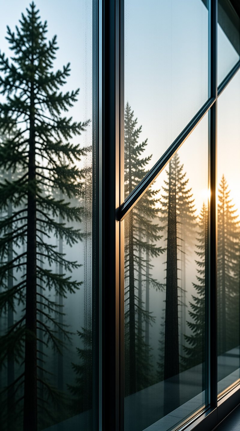 Large window frame overlooking a misty pine forest with warm sunlight hitting the right side.