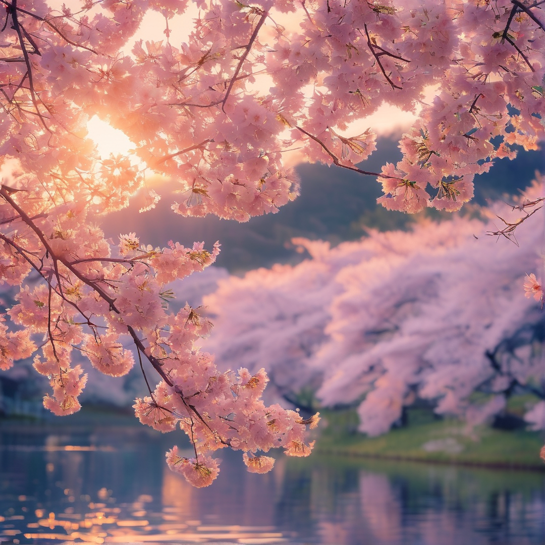 Cherry Blossom Lakeside Landscape