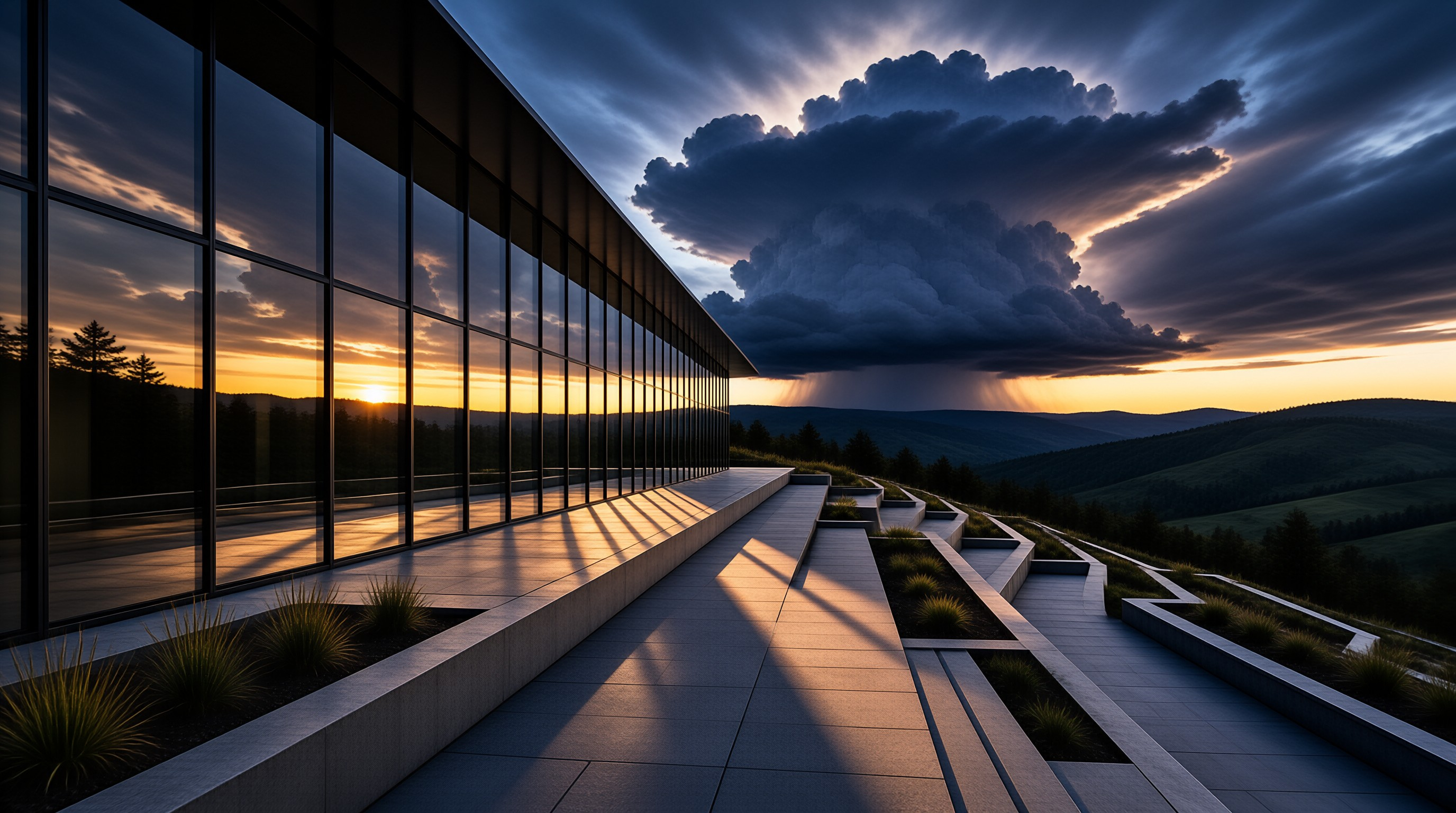 A long glazed building wall mirrors the golden sunset while a dark storm cloud gathers over rolling hills