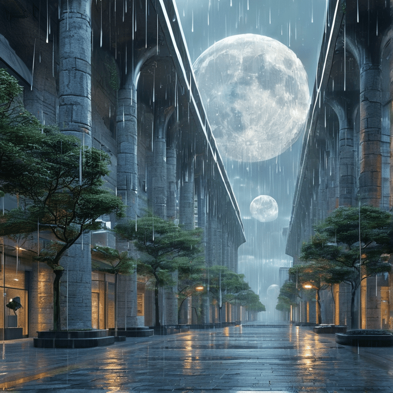 A wet stone street lined with arches reflects warm lights beneath massive moons.