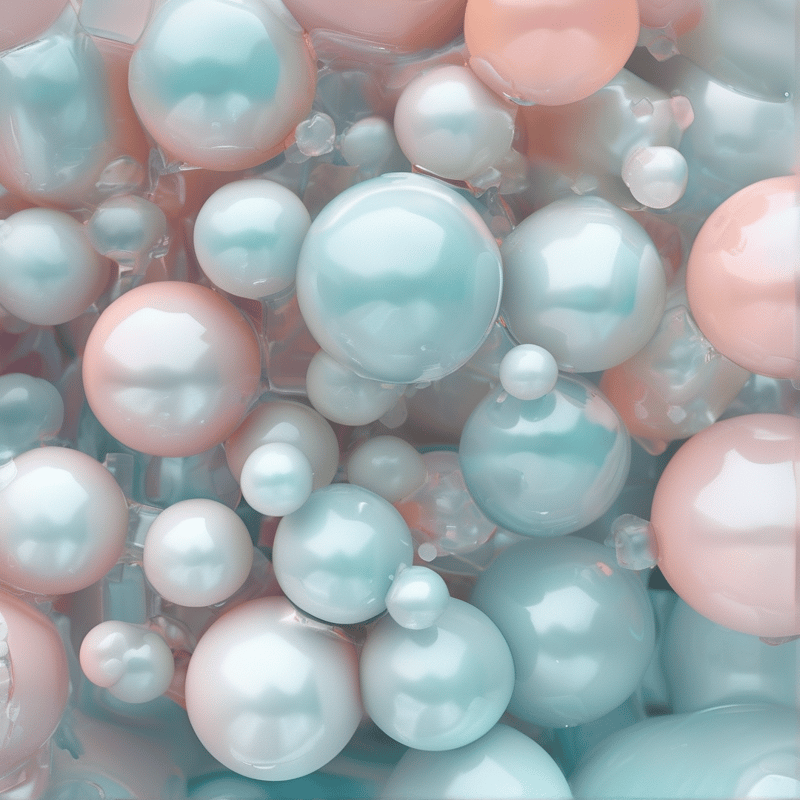 A dense cluster of glossy pearlescent spheres in soft mint green and blush pink tones.