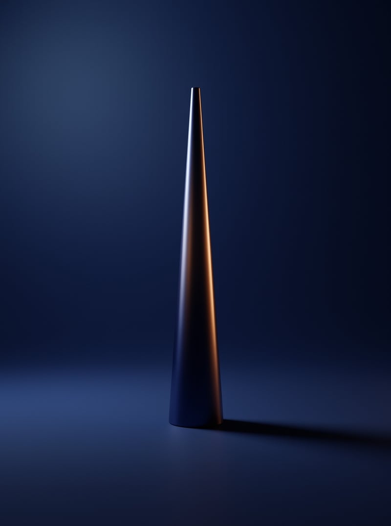 A matte dark cone stands on a midnight blue set with its edge traced by a single warm sliver of light