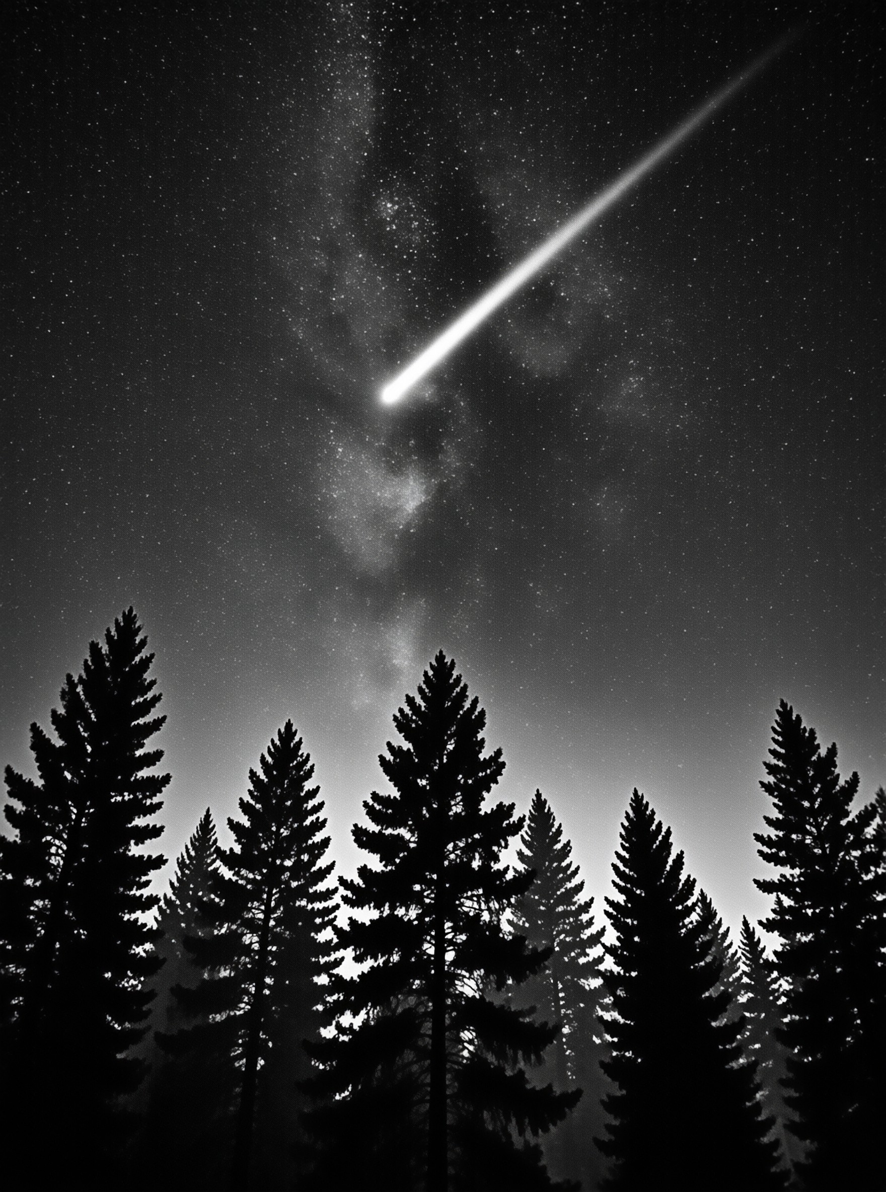 A bright meteor streaks diagonally across a starry night sky above a line of silhouetted evergreen trees.