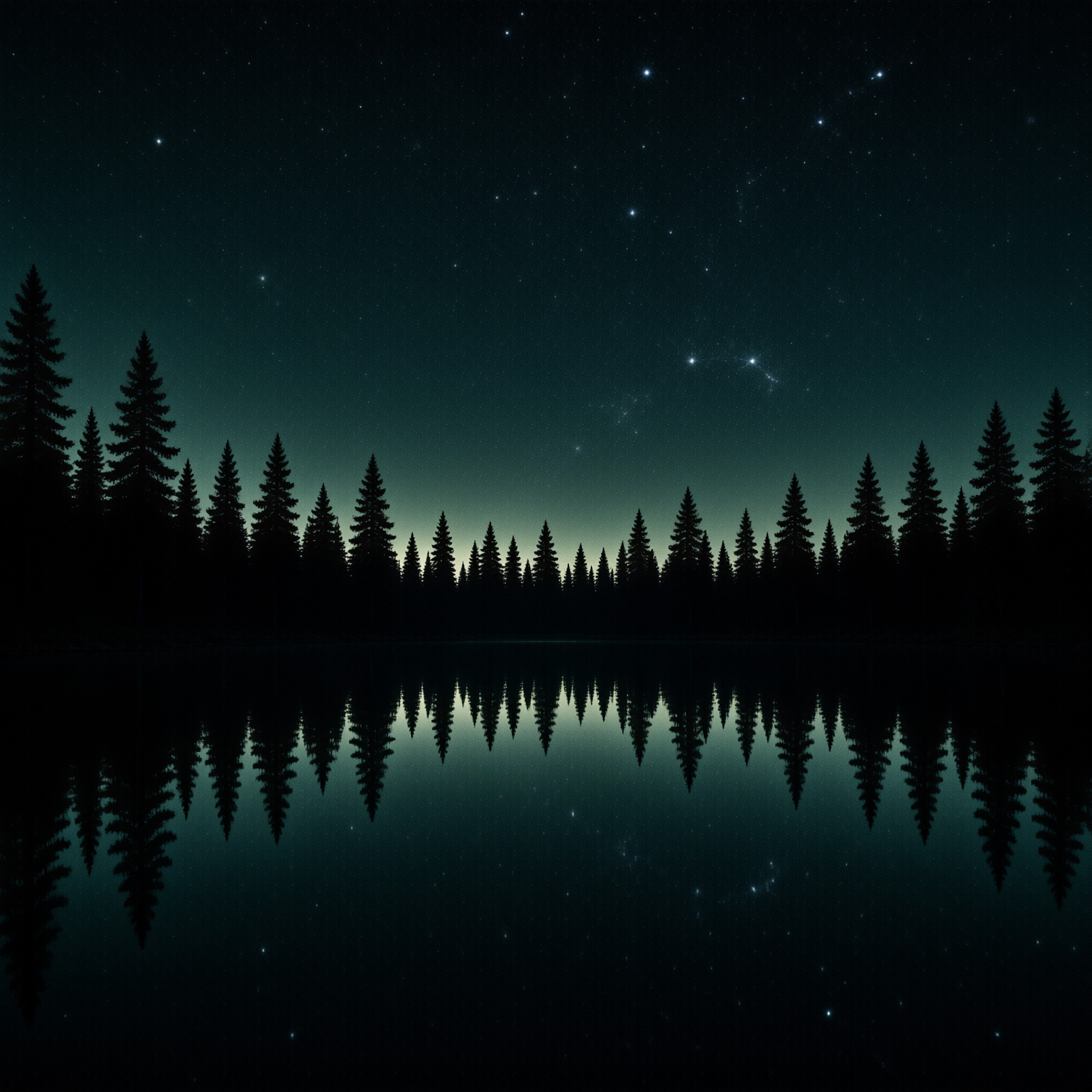 Dark evergreen trees stand against a starry night sky and are mirrored perfectly in the still surface of the lake.