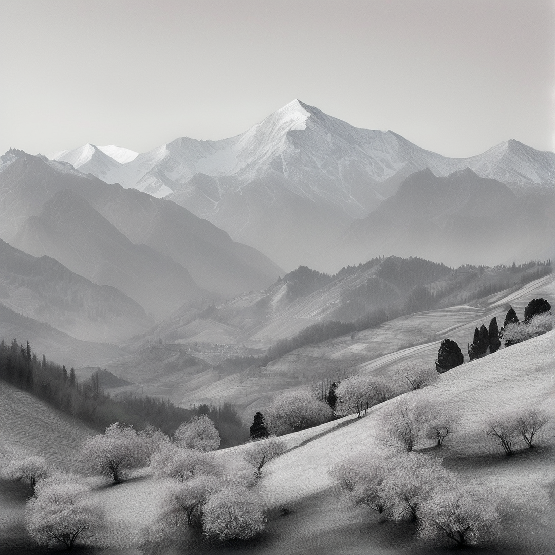 Black and white view of snow capped mountains looming over a valley filled with frost covered trees and mist.