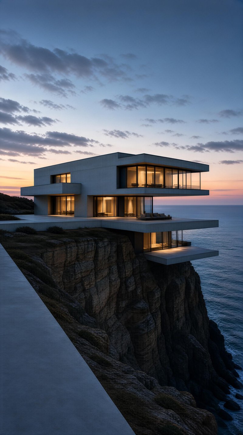 Modern Cliffside House at Dusk