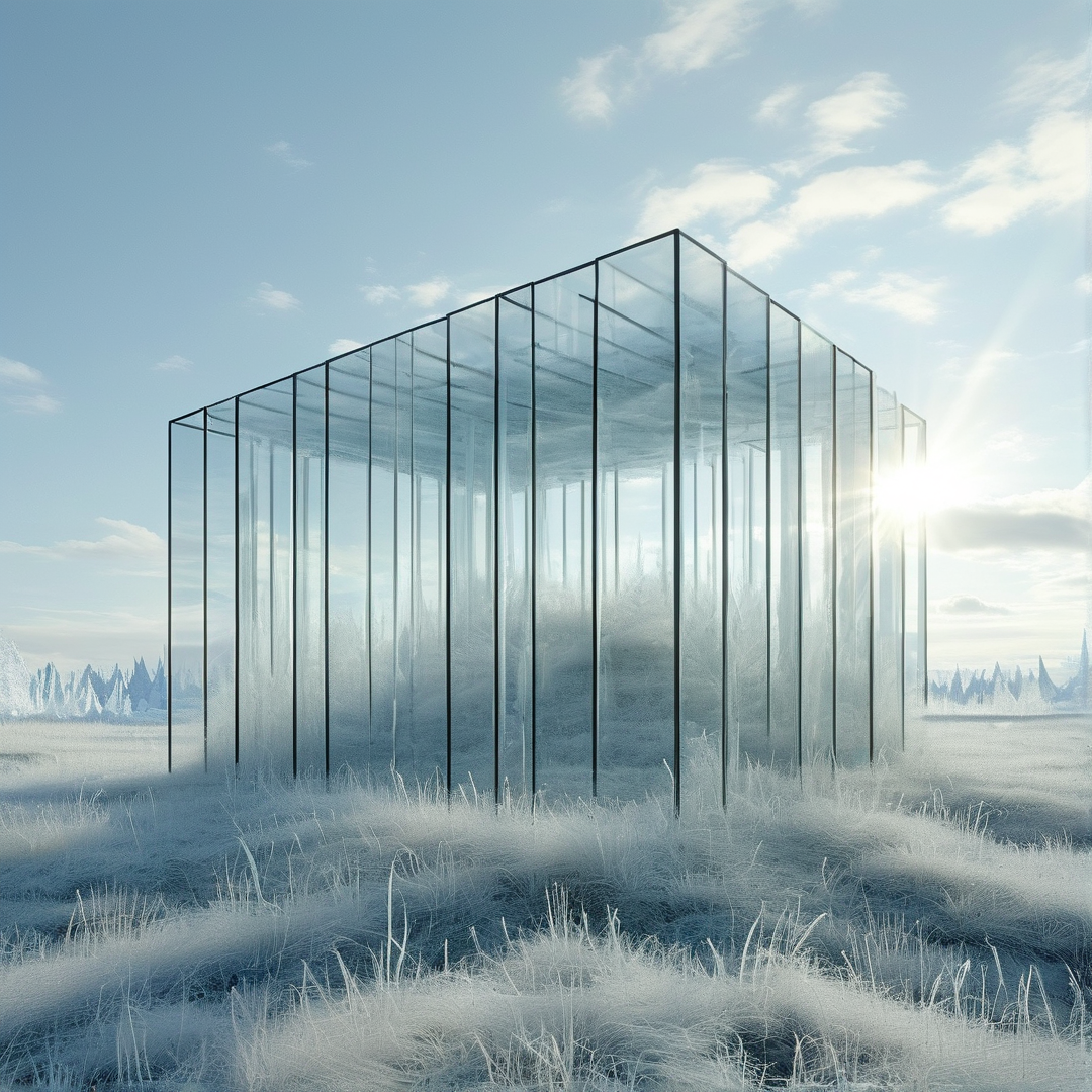 A large transparent rectangular structure framed by black lines stands isolated in a vast field of white frosted grass beneath a bright blue sky with strong sunlight streaming from the right horizon.