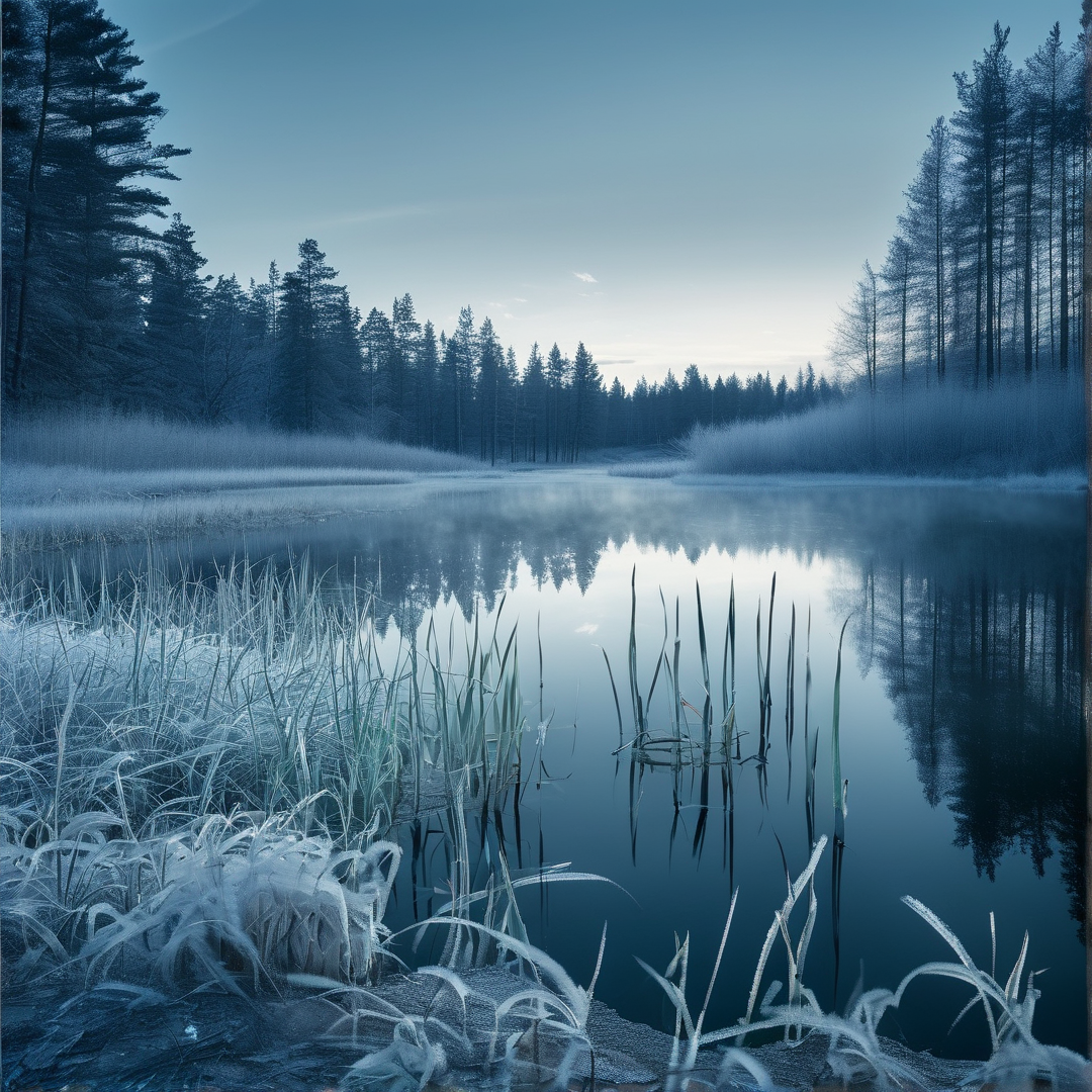 Tranquil lake with frost-covered grass and a mirrored pine forest under a pale dawn sky.