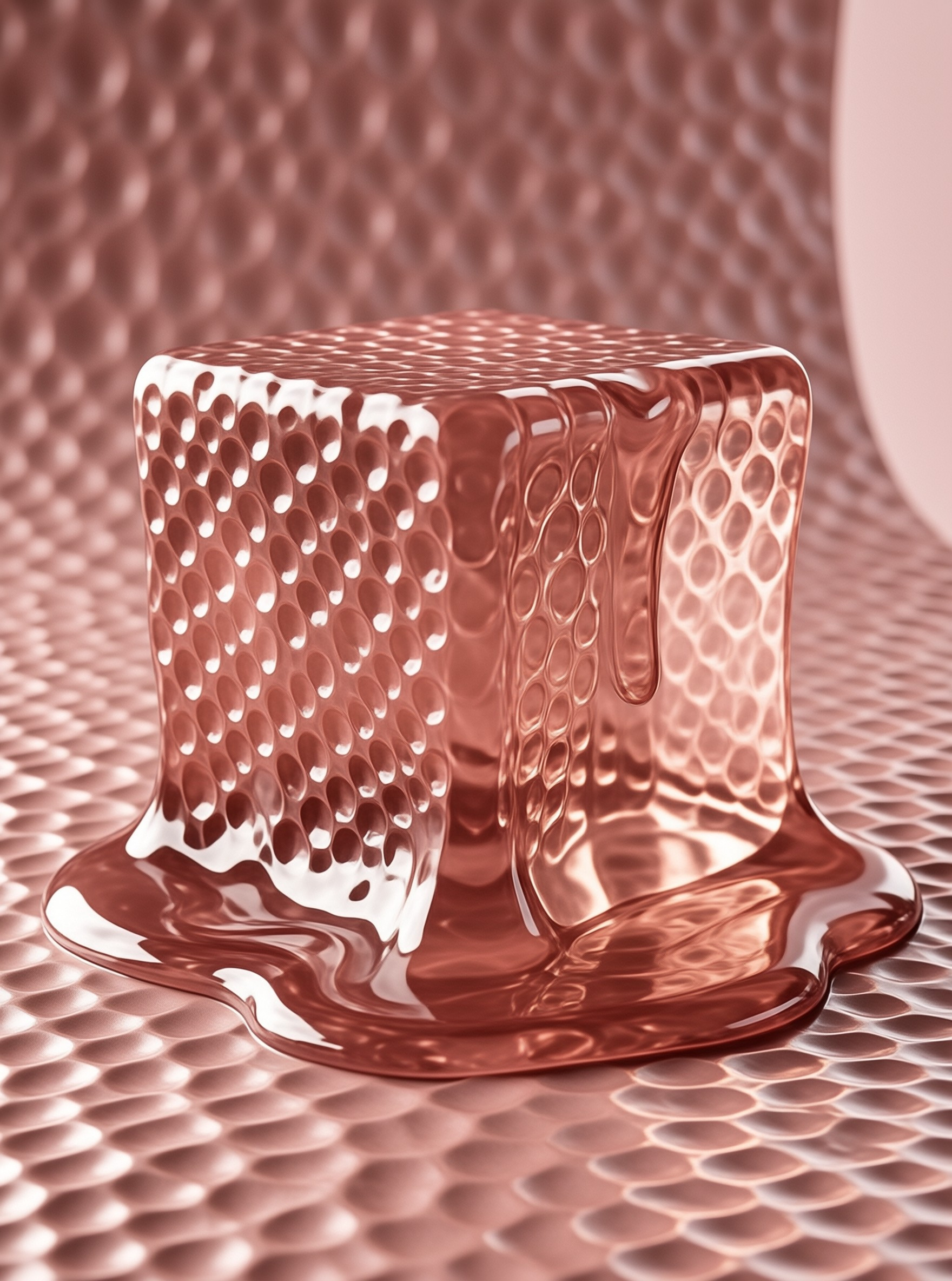 A glossy translucent cube of rose-gold gel drips and pools on a dimpled metallic surface in soft light.