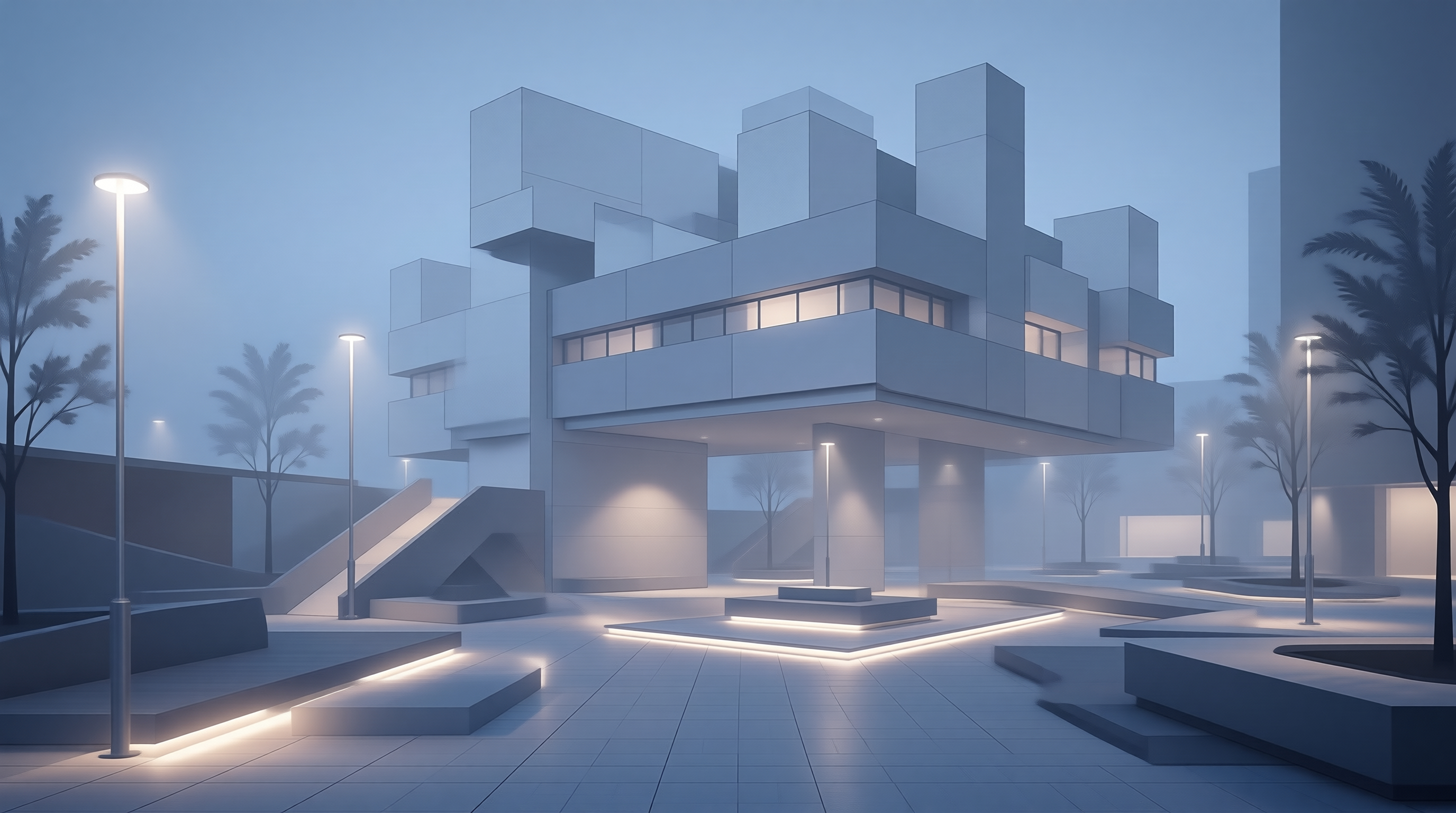 Modern Geometric Building at Dusk