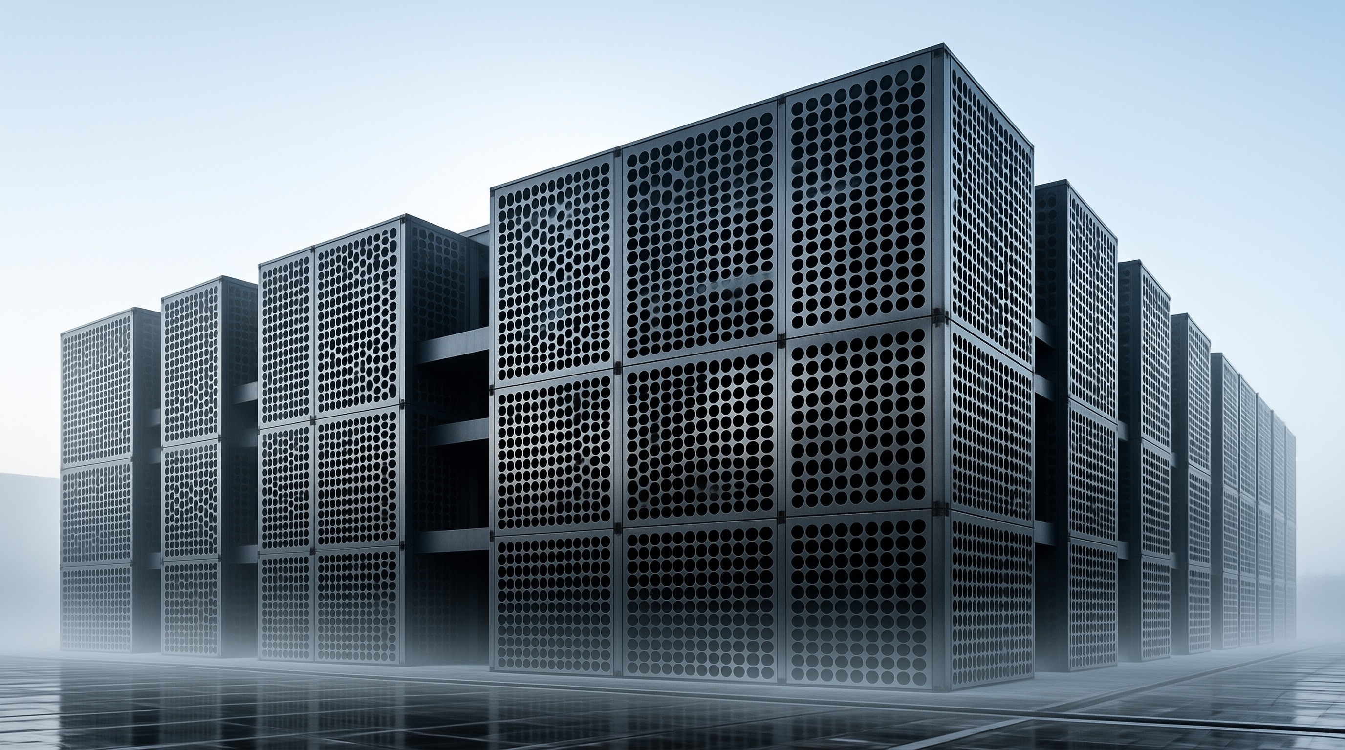 Perforated server racks line a misty corridor with cool blue lighting and a glossy reflective floor surface.
