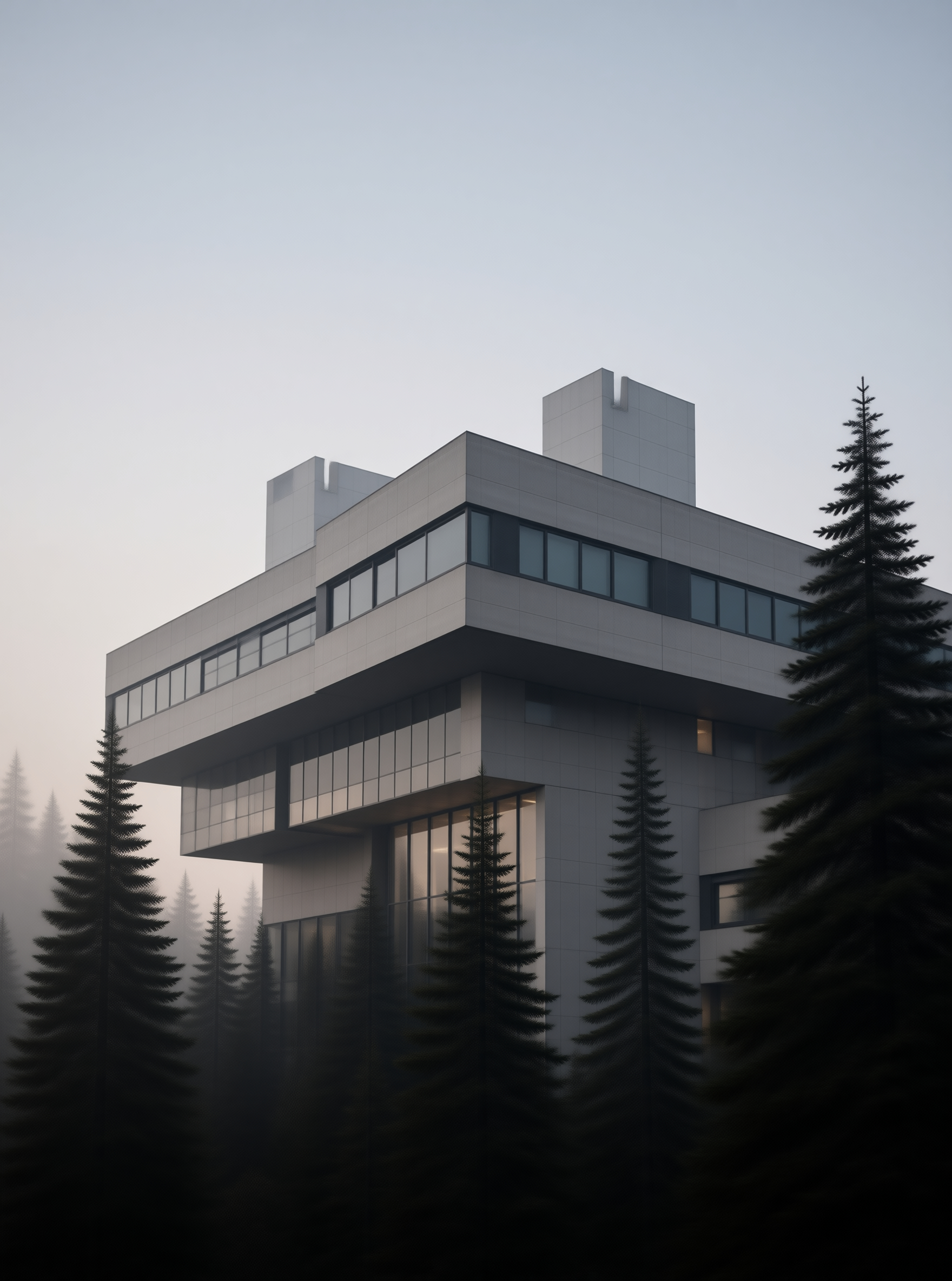 Brutalist Building in Mist