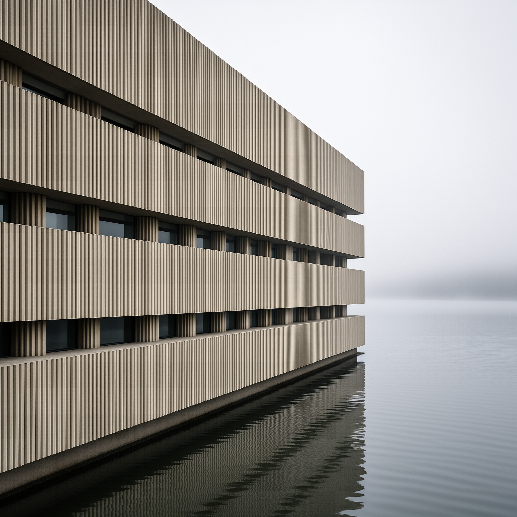 Large beige building with vertical panels overlooks calm water under a grey misty sky.