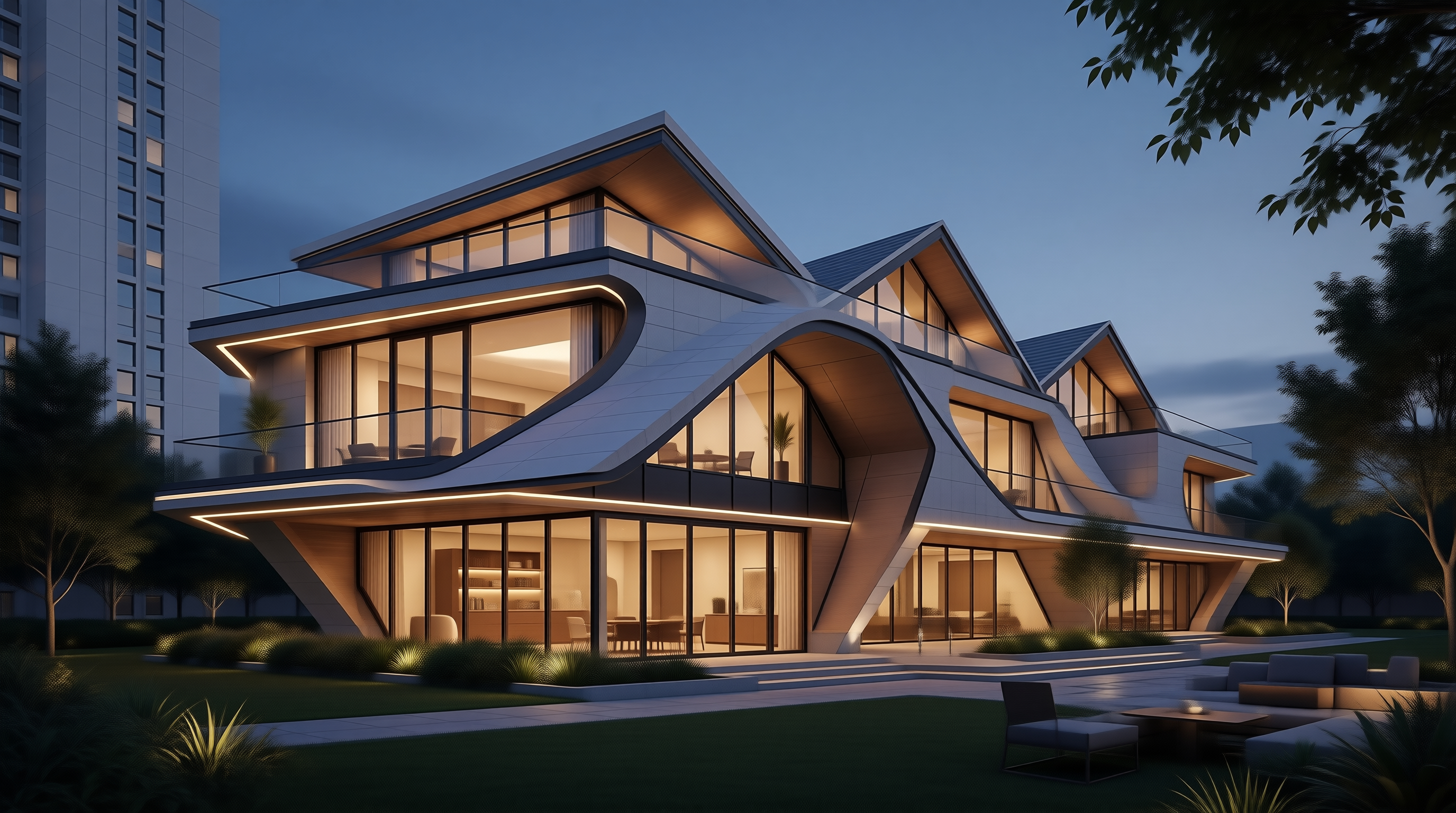 Modern Curved Villa at Dusk
