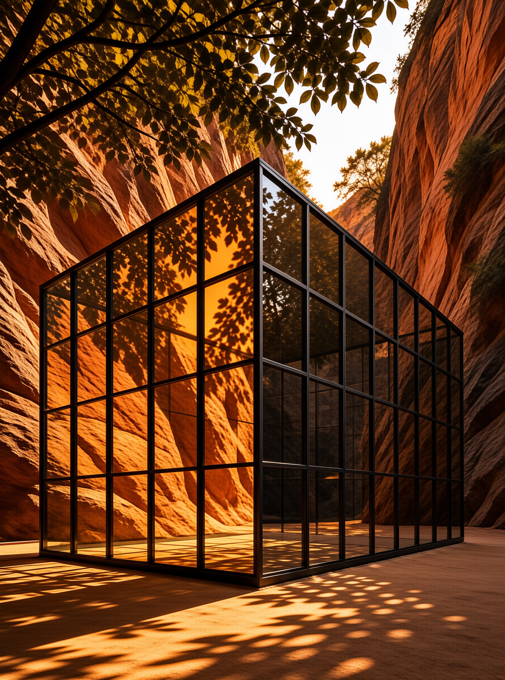A transparent glass structure with a black frame stands on sandy ground between tall red rock walls under warm sunlight.