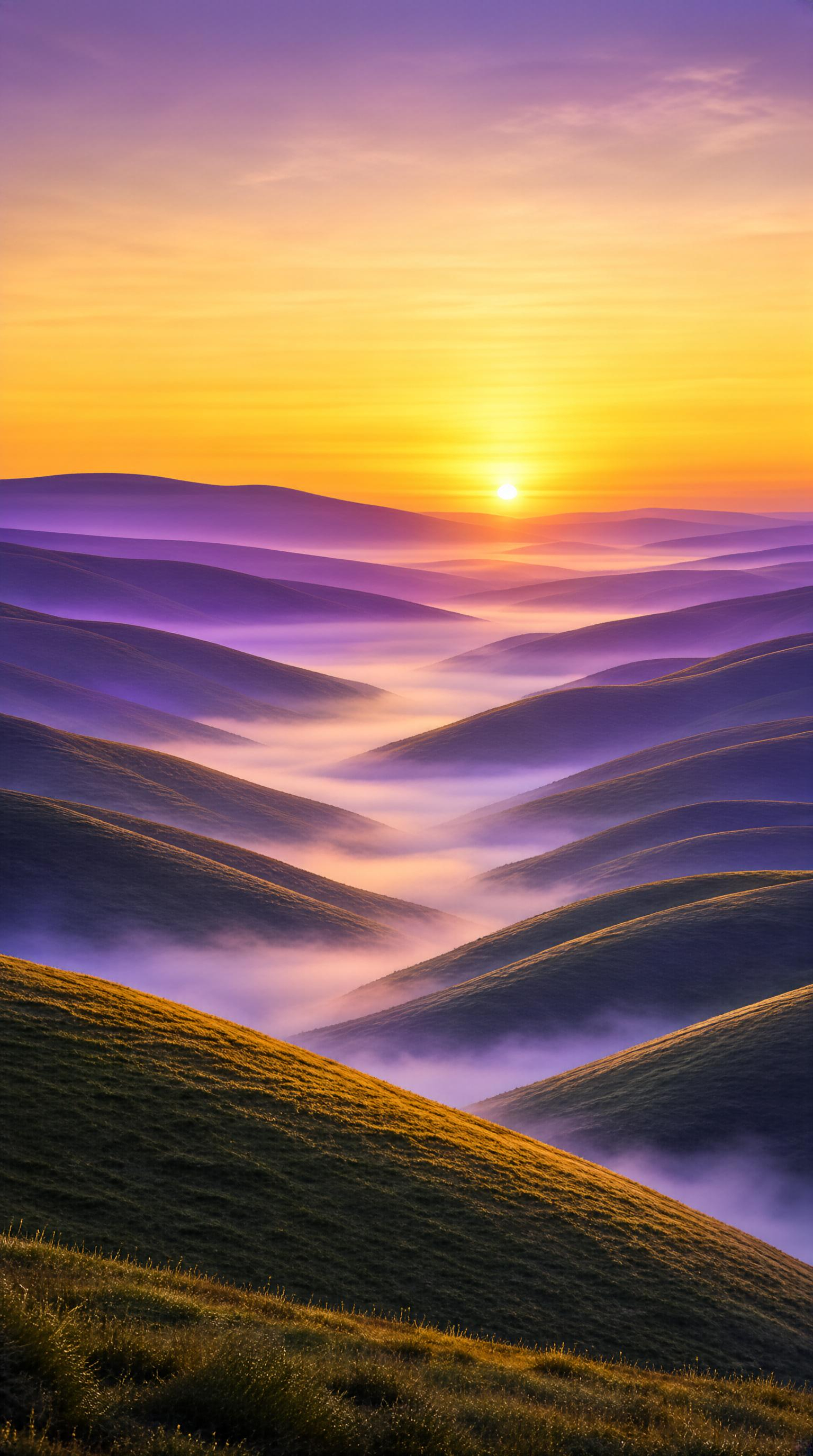 Golden Sunrise Over Misty Hills