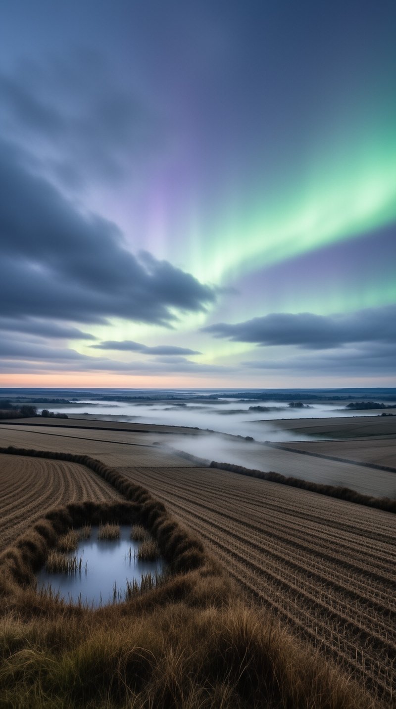 Aurora Over Misty Fields