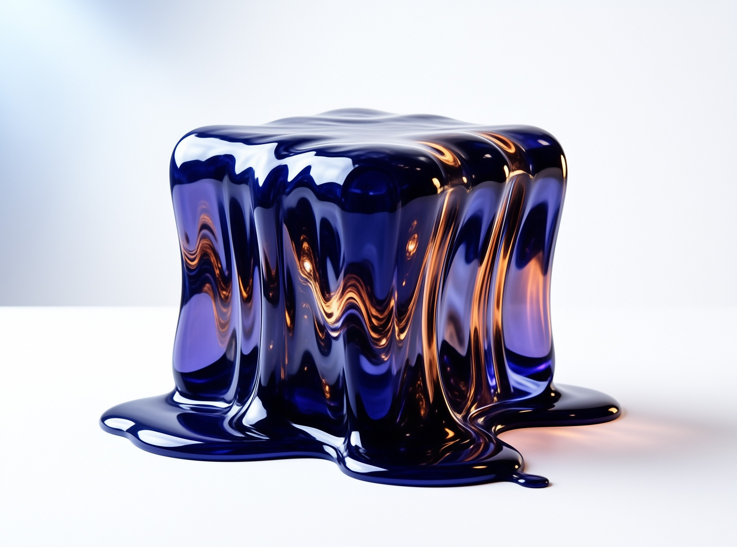 A deep blue melting cube sits on a white surface reflecting warm orange light on its glossy metallic surface.