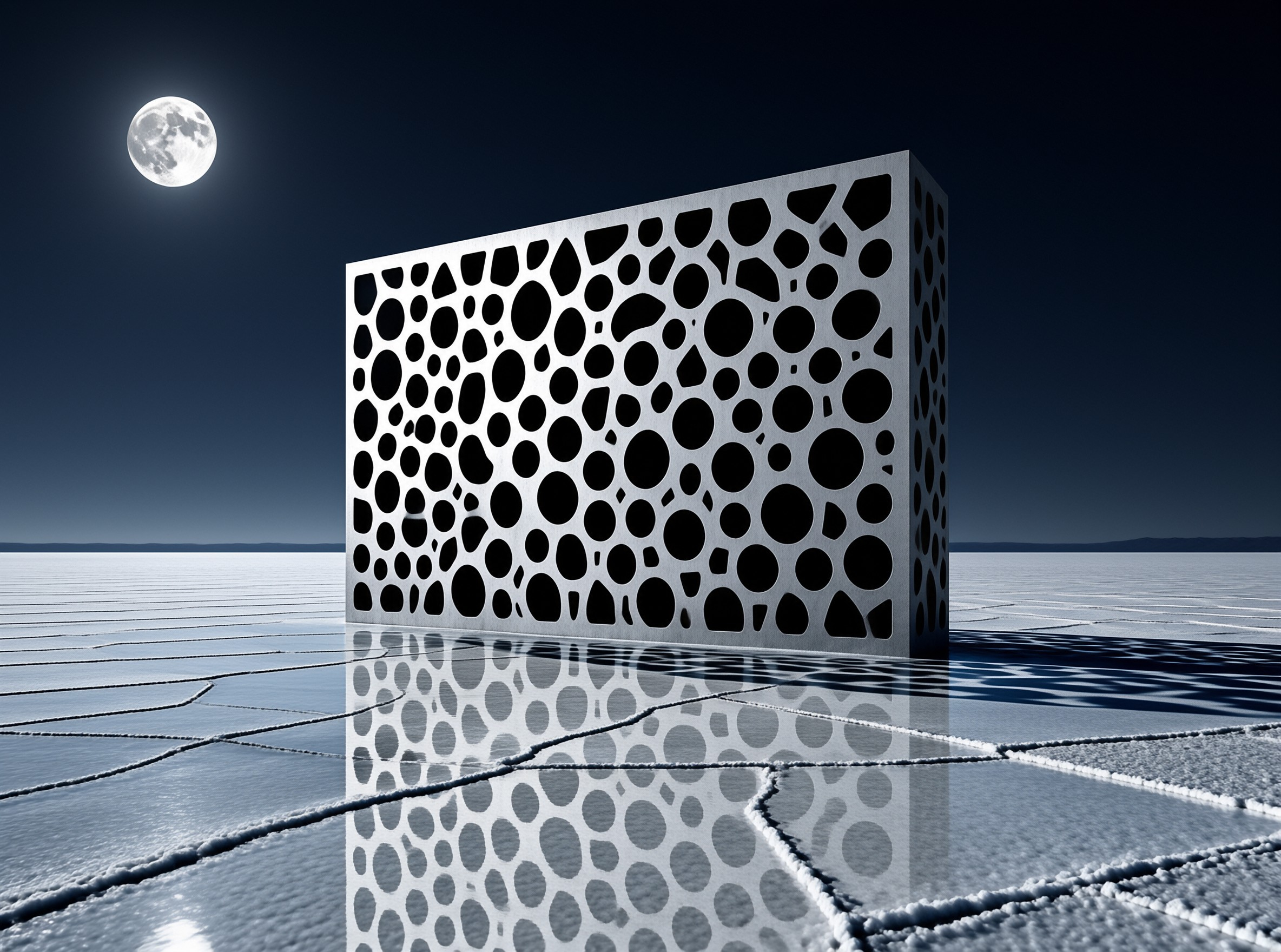 A perforated metallic cube stands on a white salt flat reflecting the night sky.