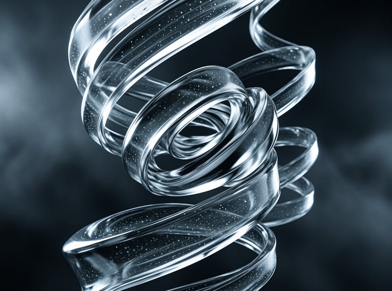 A clear twisted ribbon structure floats against a dark blurred background with bright reflections highlighting its curves.